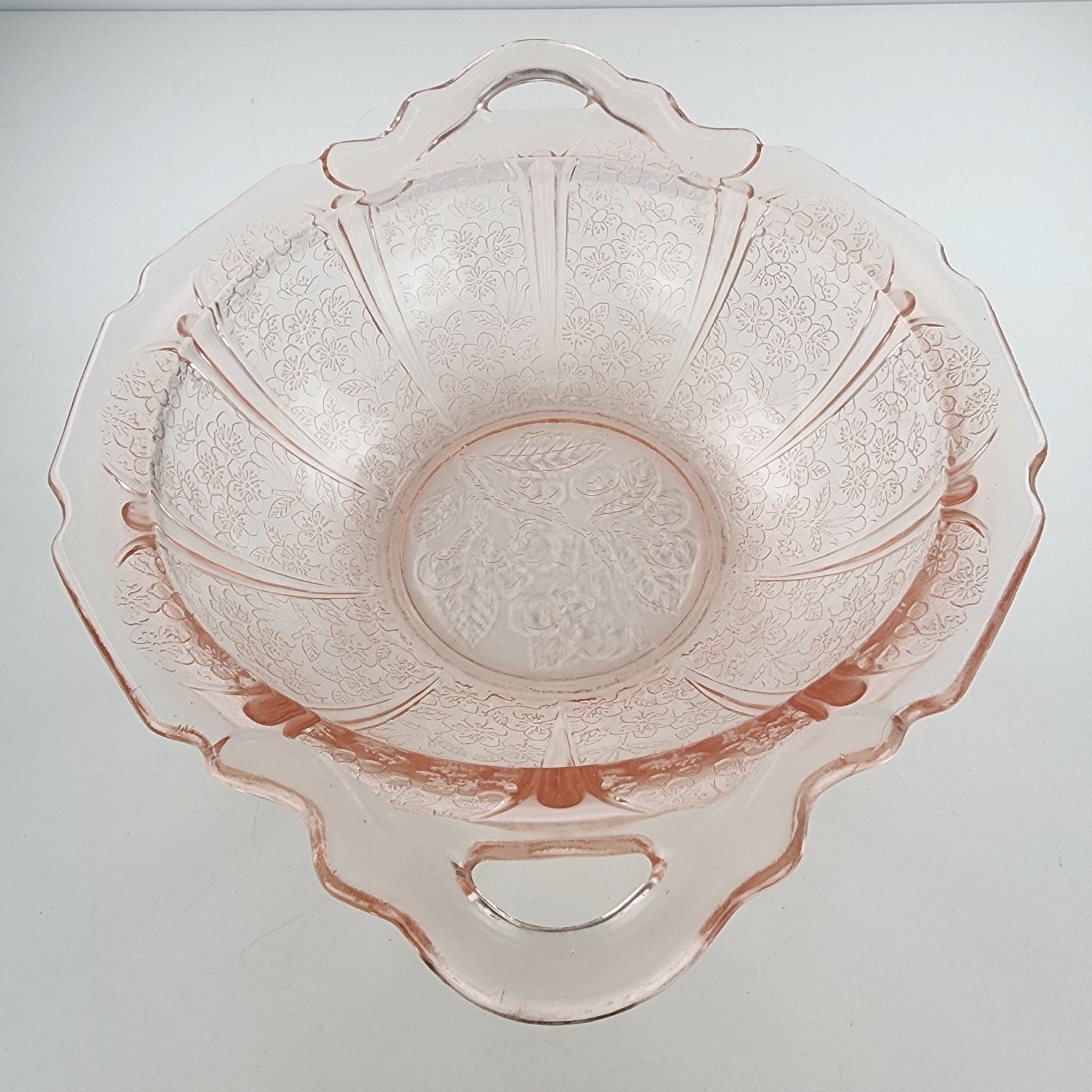 Jeanette Pink Depression Glass Handled Bowl Cherry Blossom Floral Pattern 1930s