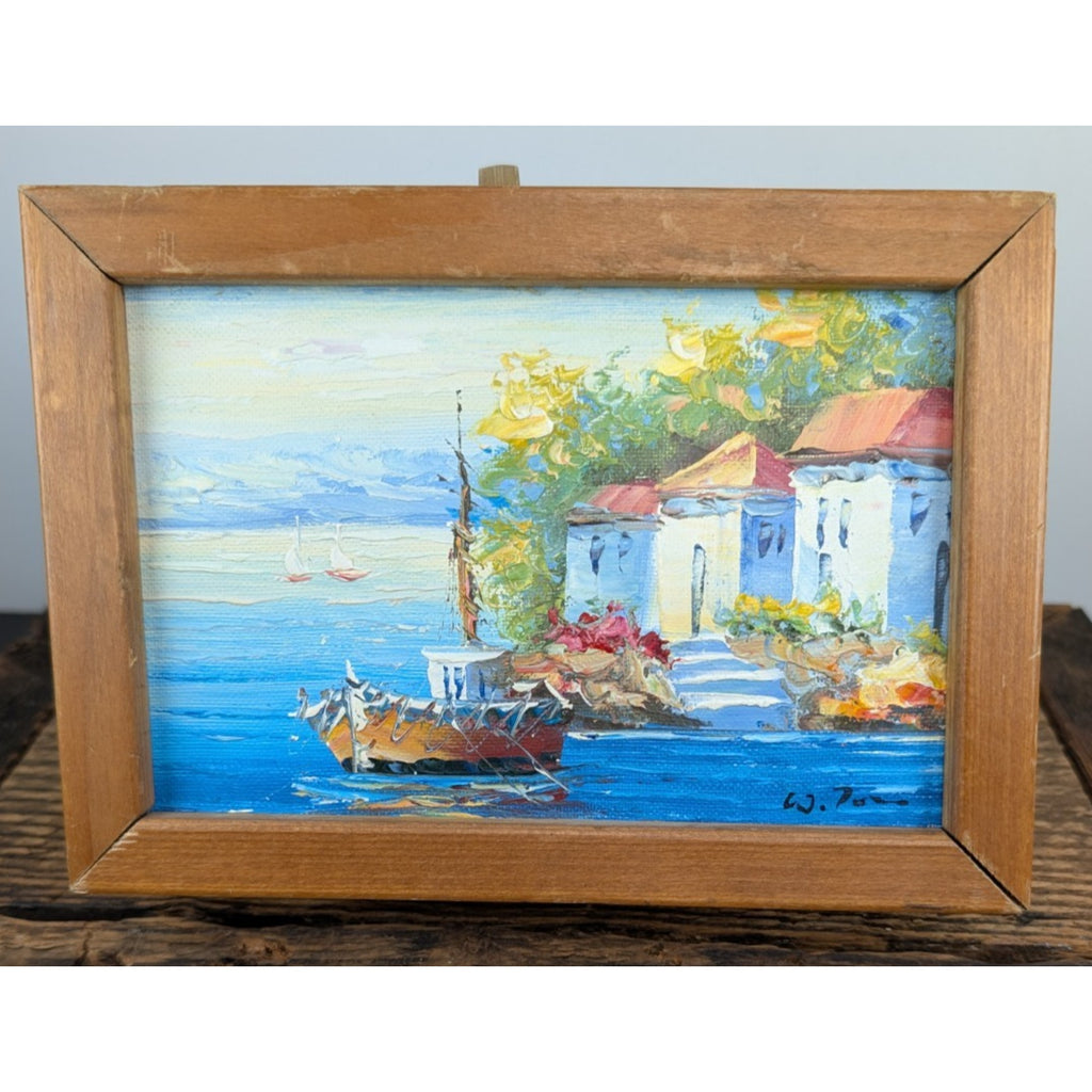 Impressionist Acrylic on Canvas Mediteranean Scene Boat in Harbor Painting