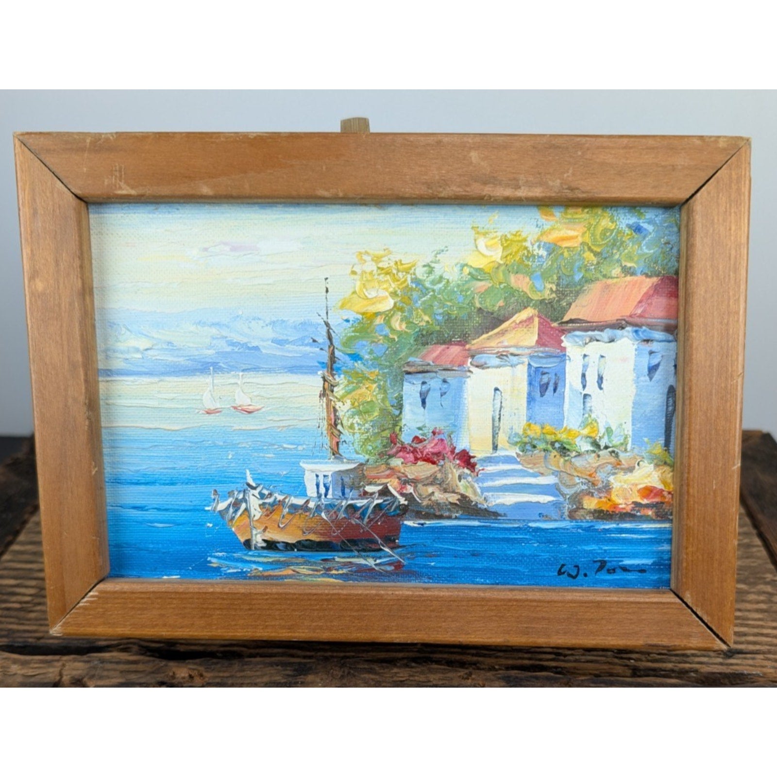Impressionist Acrylic on Canvas Mediteranean Scene Boat in Harbor Painting
