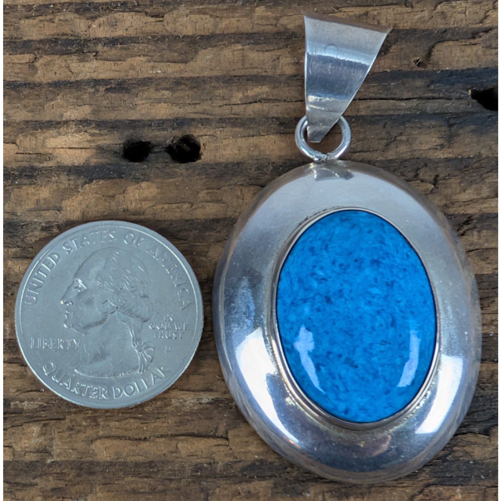 Modernist Mexico Oval Blue Agate Cabochon Sterling Silver 925 Pendant