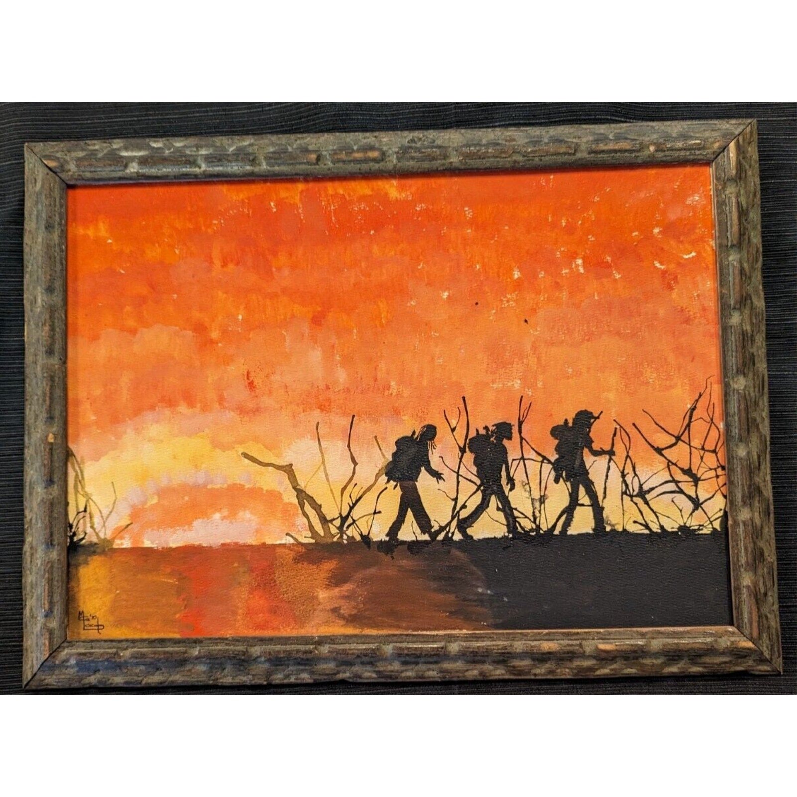Framed Bushfire Watercolor by MG Lord 1970 MCM Artwork 16" x 11"