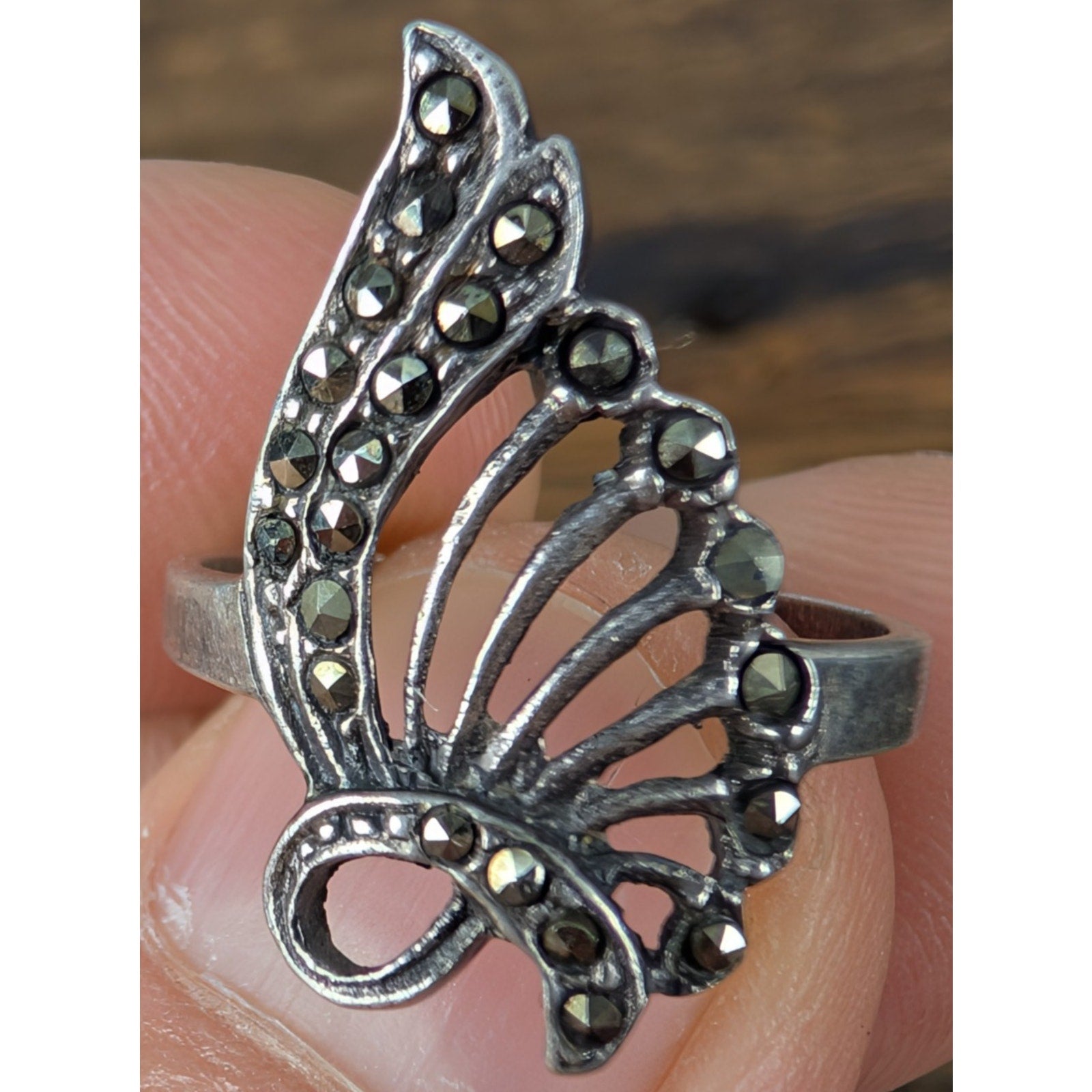 Vintage Marcasite Butterfly Wing Sterling Silver 925 Ring Size 6