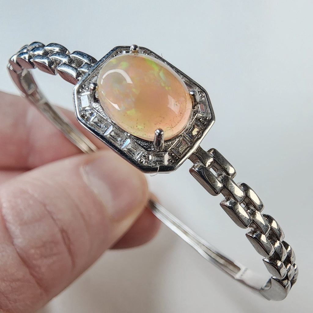 Ethopian Opal Halo Sterling Silver 925 Hinged Designer Bracelet