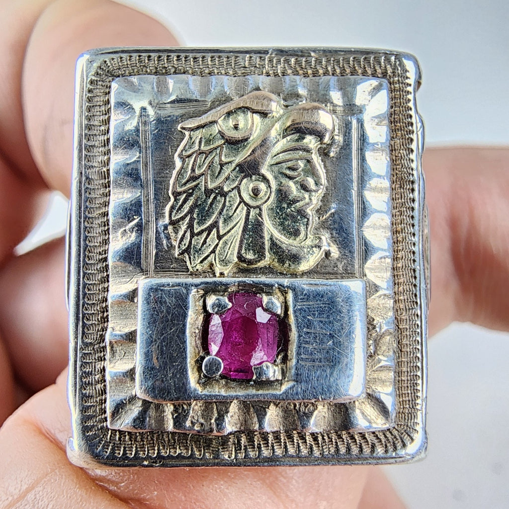 10K Gold Ruby Mayan Warrior Mexican Biker Ring Size 11 Sterling Silver 925