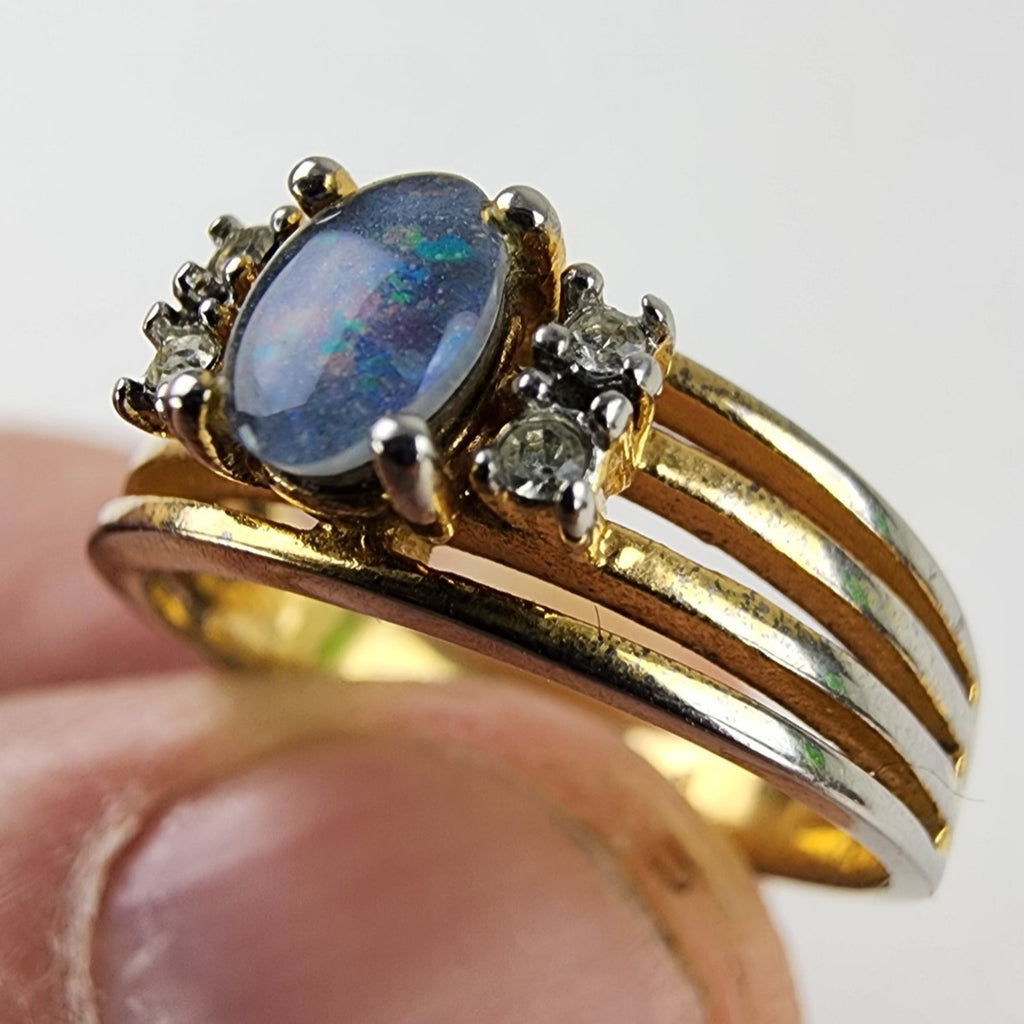 18K HGE Black Opal Ring Size 6 1/2 Heavy Gold Electroplate Vintage