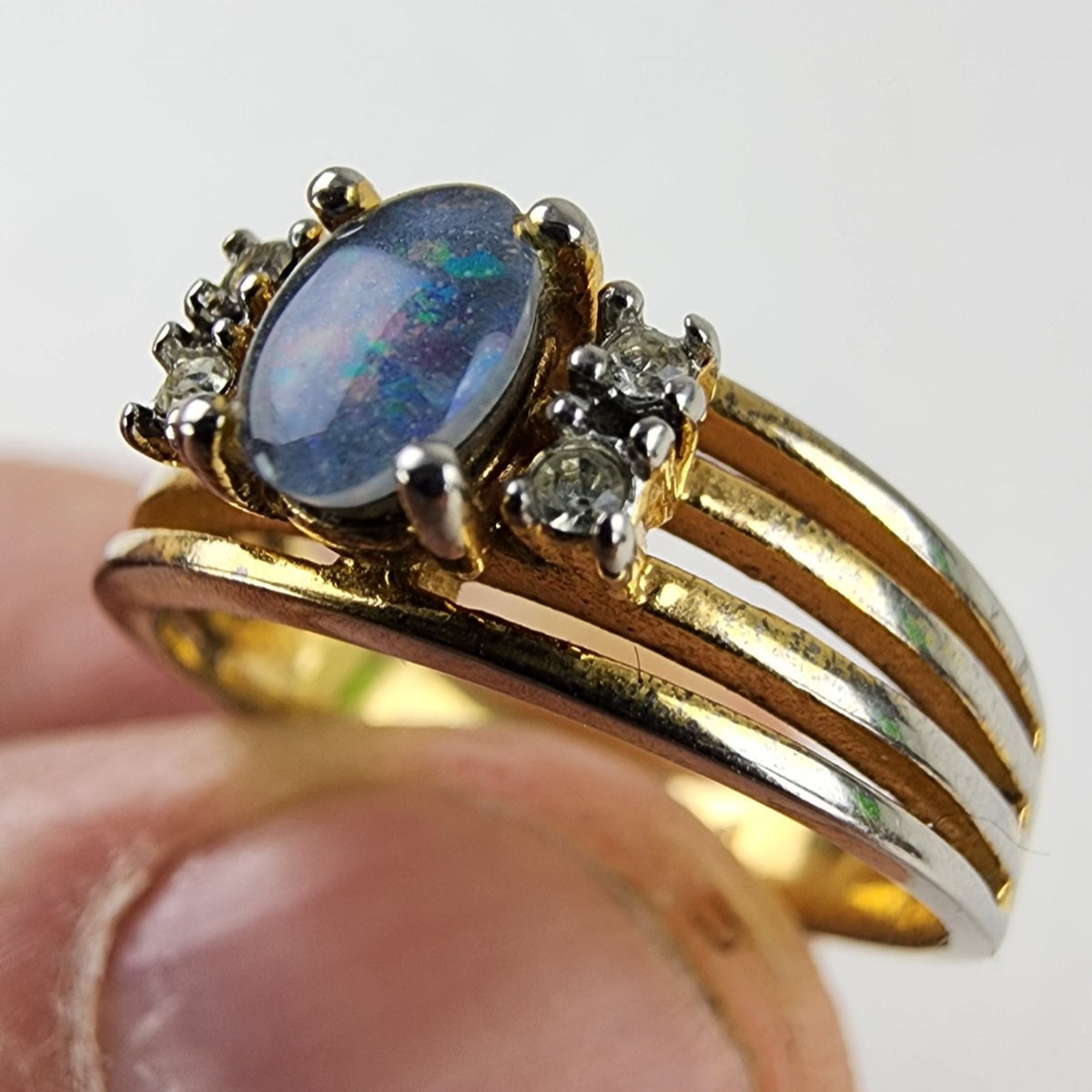 18K HGE Black Opal Ring Size 6 1/2 Heavy Gold Electroplate Vintage