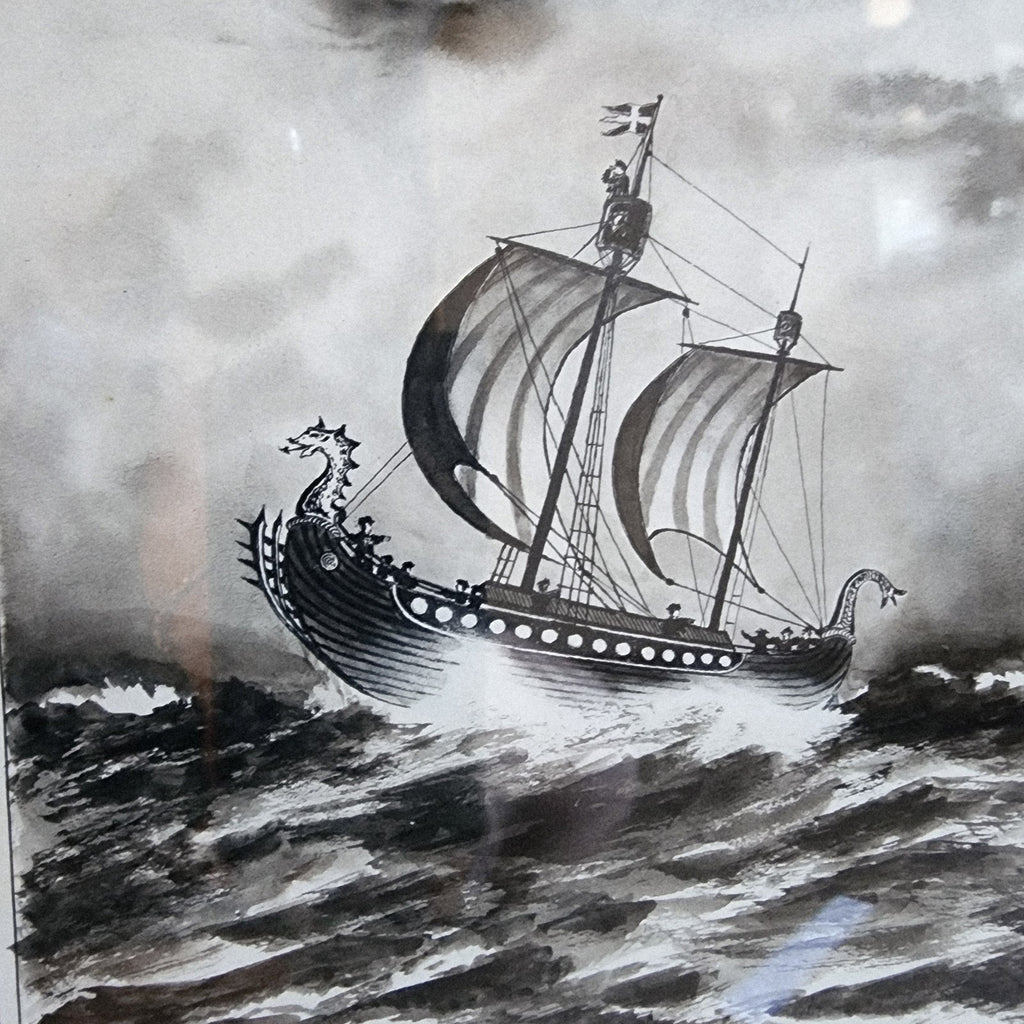 1933 Andoll Anderson Swedish Viking Ship Gouache Framed Painting