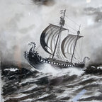 1933 Andoll Anderson Swedish Viking Ship Gouache Framed Painting