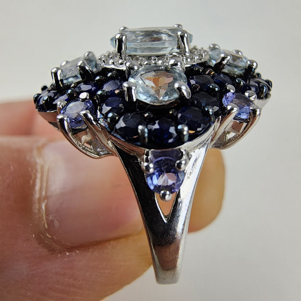 Blue & White Sapphire Cluster Halo Ring Size 5 Sterling Silver 925 Vintage