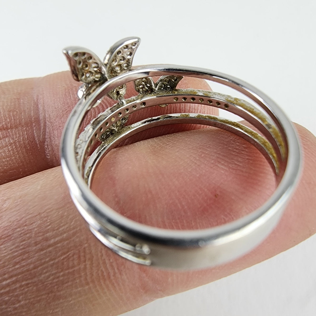 Triple Butterfly Pave Diamond Ring Size 9 Sterling Silver 925 Vintage