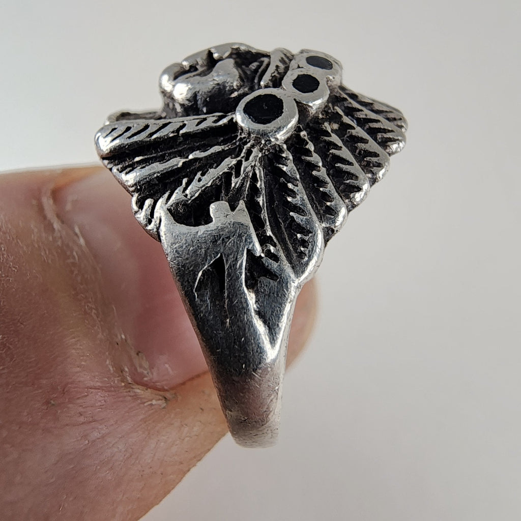 Native American Indian in Headdress Ring Size 8 1/4 Sterling Silver 925 Vintage