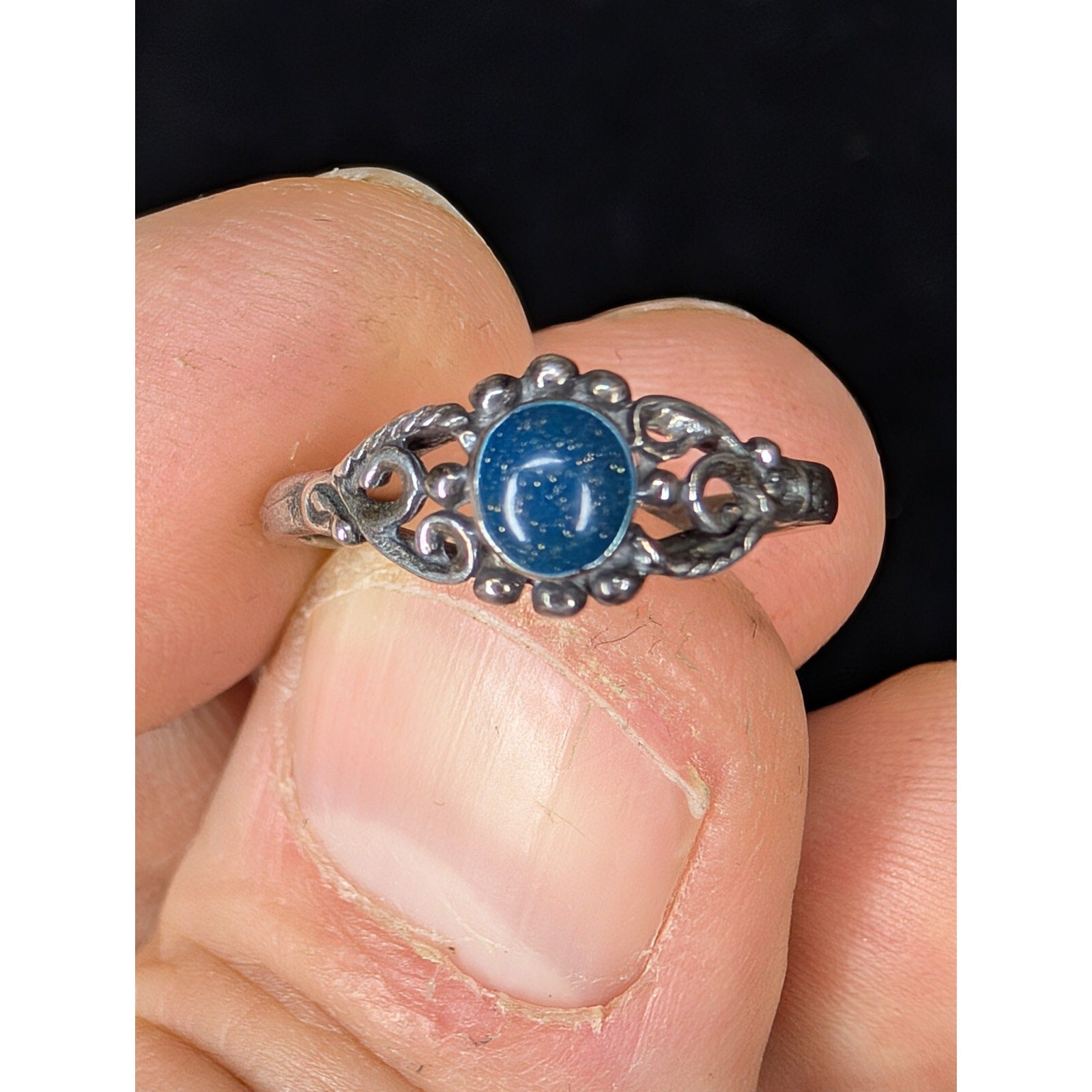 Vintage Blue Sparkle ENAMEL Bali Sterling Silver Ring - Size 5 1/4