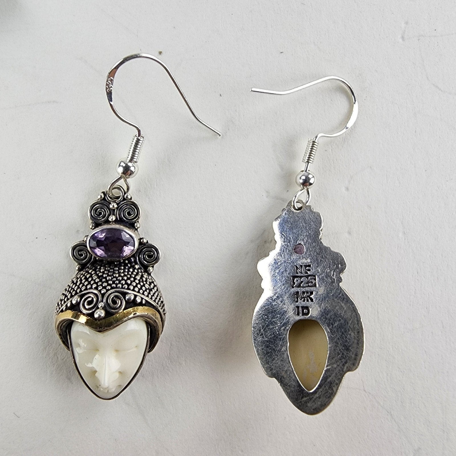 14K Yellow Gold Amethyst Face Earrings Sterling Silver 925 Vintage Beaded