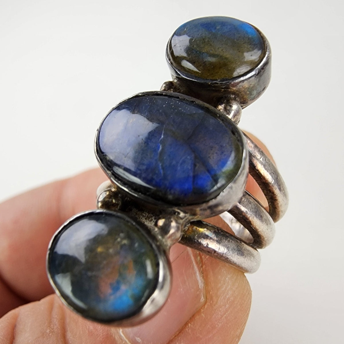 Three Stone Labradorite Ring Size 6 Sterling Silver 925 Vintage