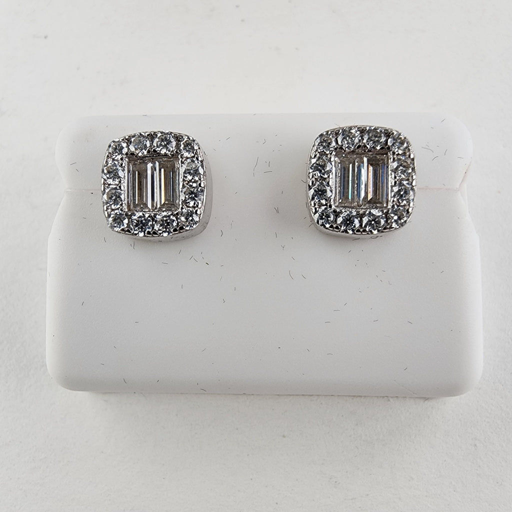 Moissanite Halo Sterling Silver 925 Stud Screwback Earrings Baguette & Round Cut