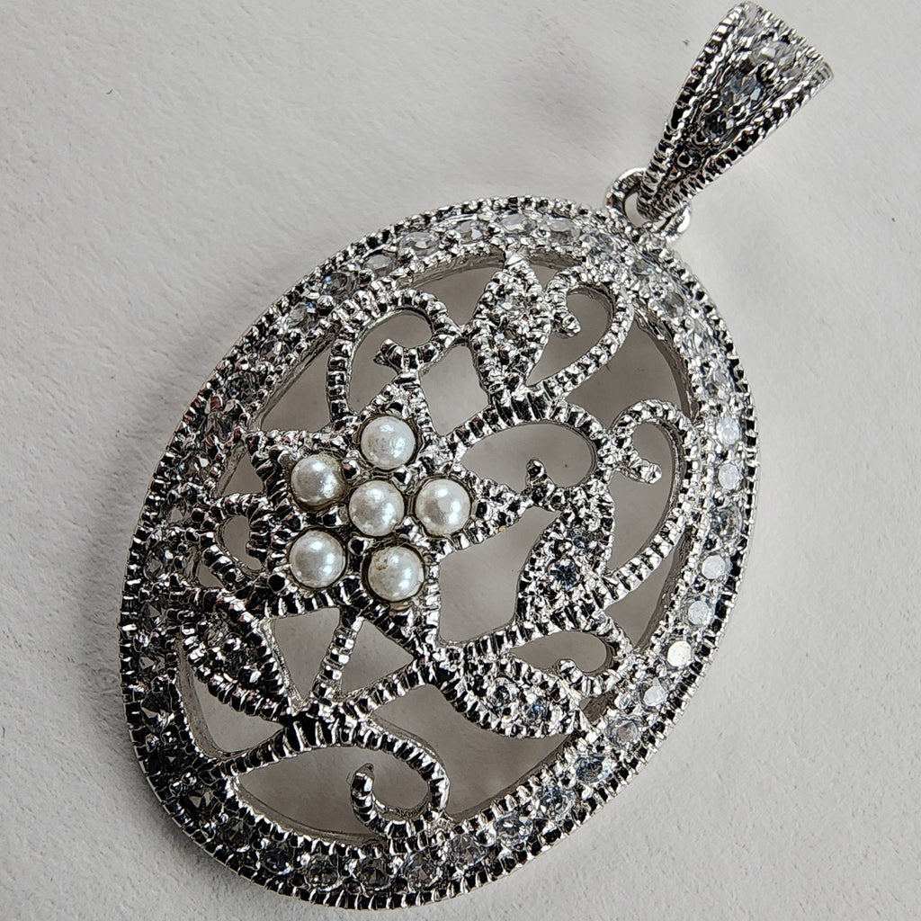 Diamond & Seed Pearl Pendant Sterling Silver 925 Vintage