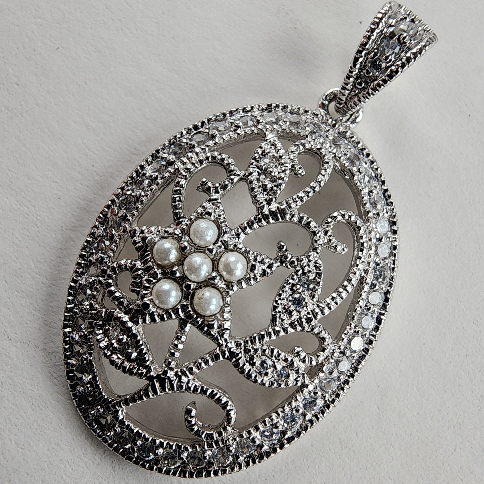 Diamond & Seed Pearl Pendant Sterling Silver 925 Vintage