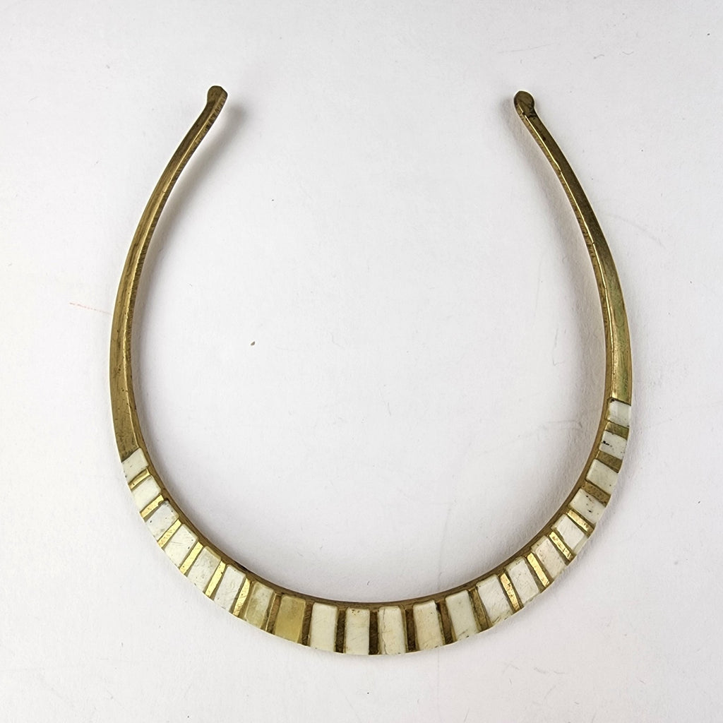 Vintage Mother of Pearl Inlay Brass Choker Collar Necklace Vintage