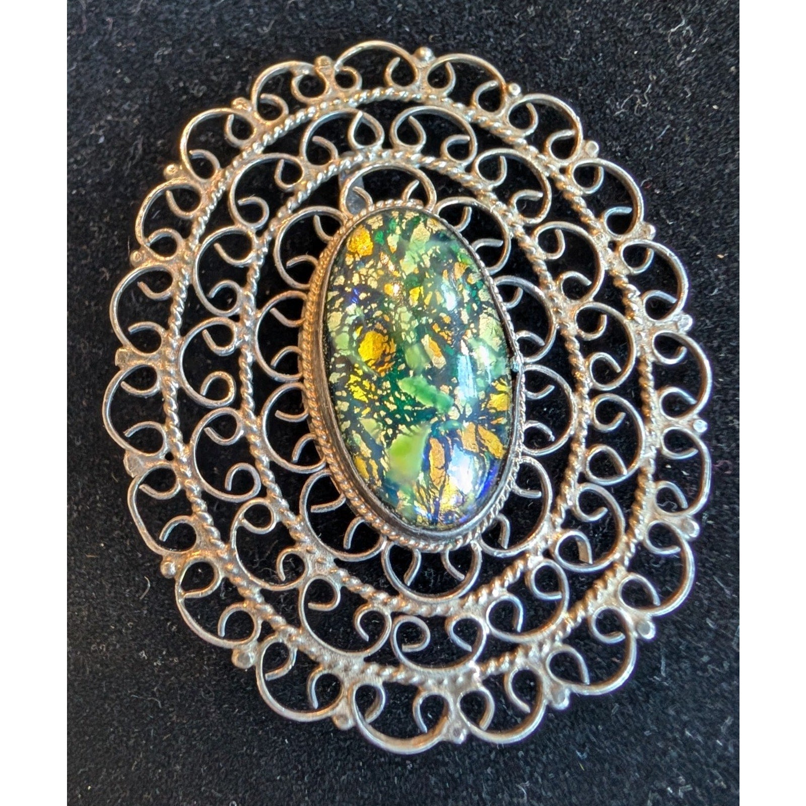 Taxco MEXICO Filigree Dichroic Art Glass Sterling Silver 925 Pendant Broch