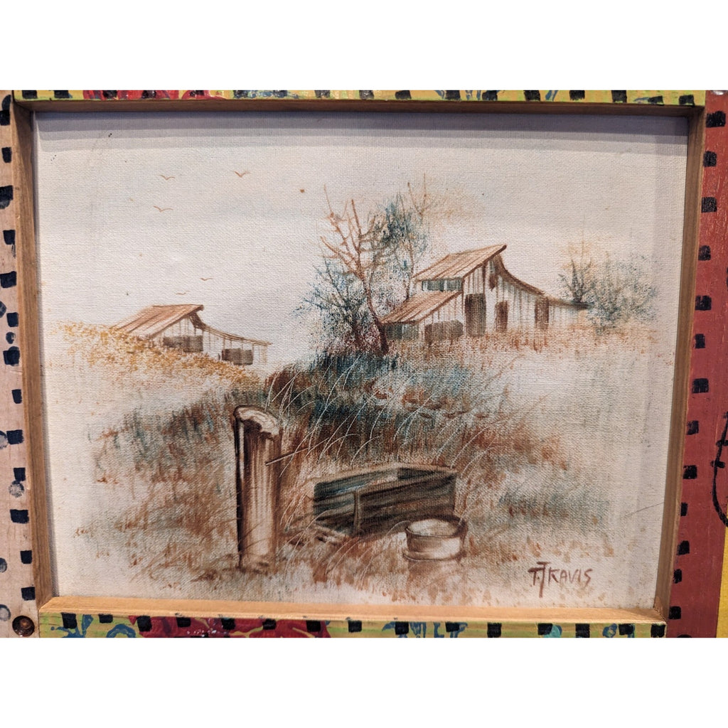 Farm Barn Scene Painting Acrylic on Panel Whimsical Frame MCM