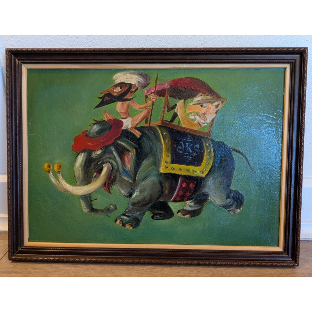 1952 Acrylic Painting Riders on Elephant Hardship Post Midcentury 16" x 22"