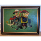 1952 Acrylic Painting Riders on Elephant Hardship Post Midcentury 16" x 22"