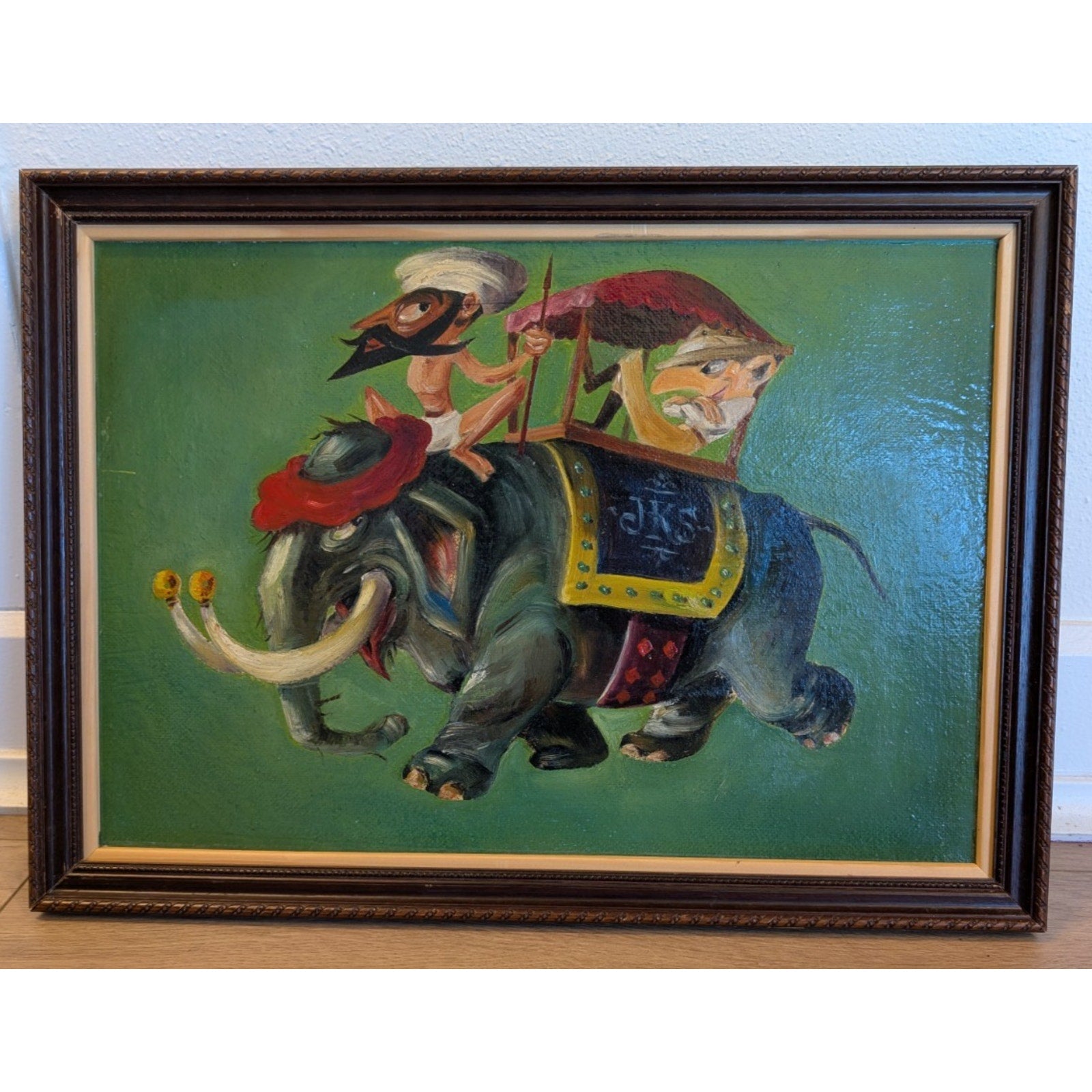 1952 Acrylic Painting Riders on Elephant Hardship Post Midcentury 16" x 22"