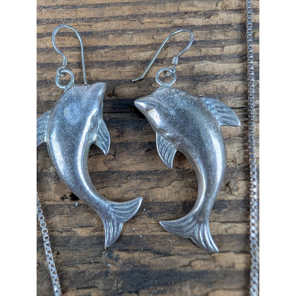 Vintage Dolphin Sterling Silver 925 Necklace and Earrings Set