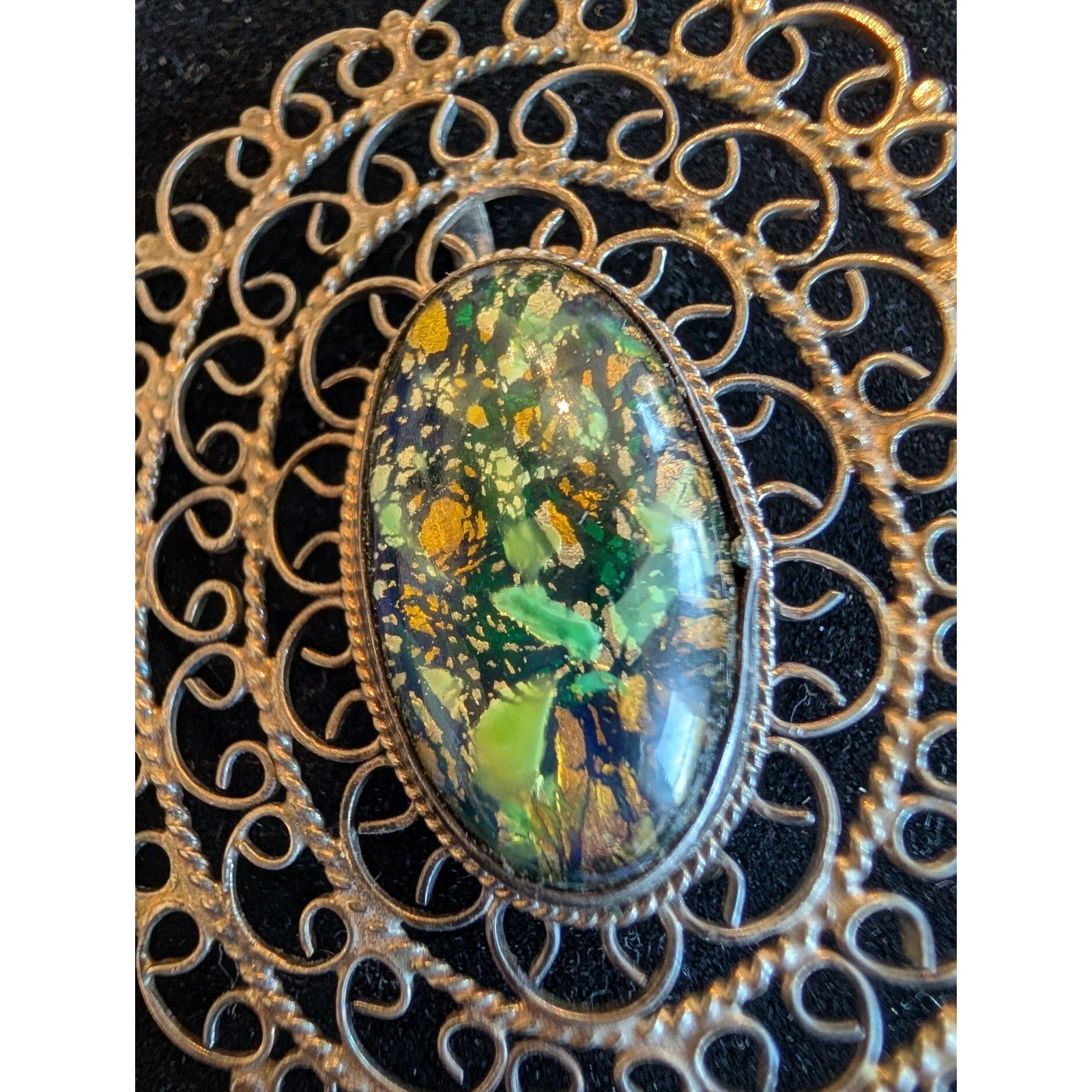 Taxco MEXICO Filigree Dichroic Art Glass Sterling Silver 925 Pendant Broch