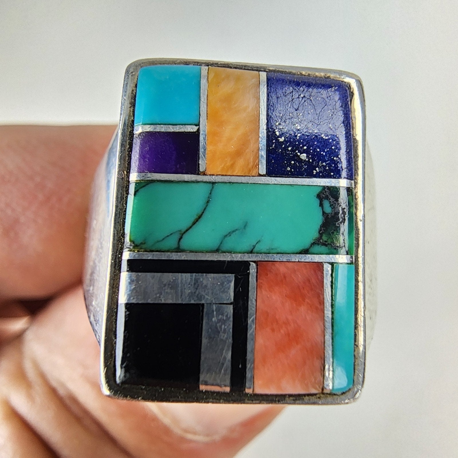 Touch of Santa Fe Inlay Ring Size 9 1/2 Turquoise Onyx Lapis Sterling Silver 925