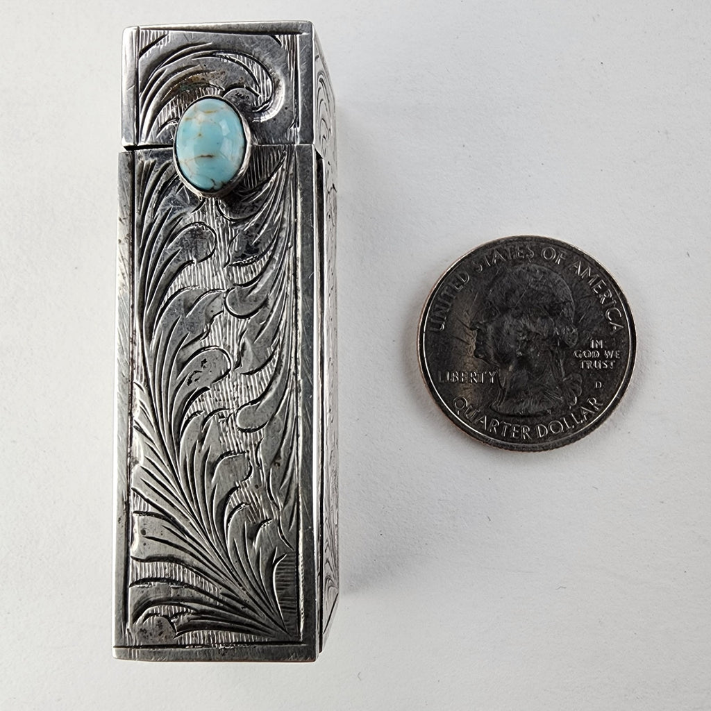 Etched Turquoise Accentt 800 Silver Lipstick Container with Mirror Italy Antique