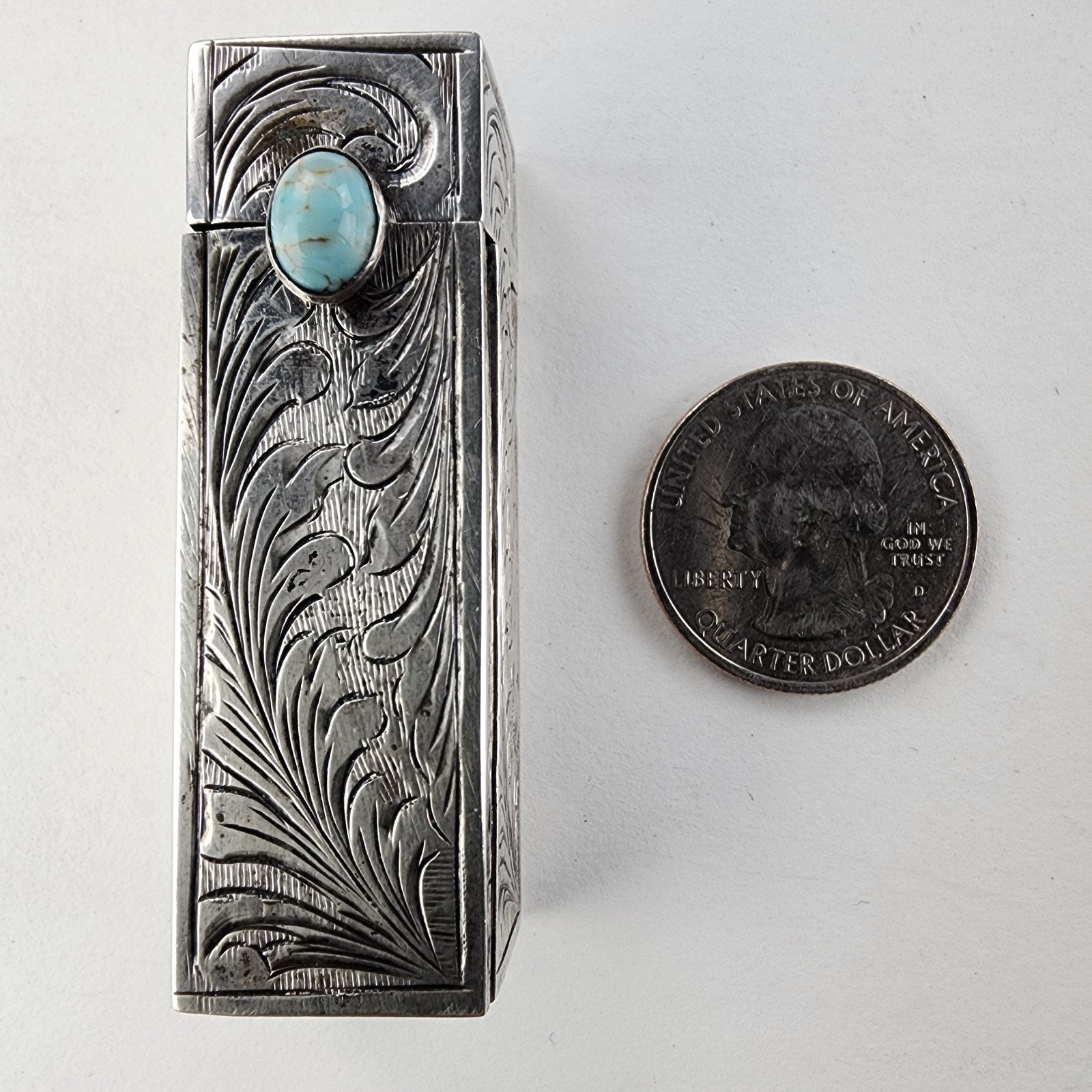 Etched Turquoise Accentt 800 Silver Lipstick Container with Mirror Italy Antique