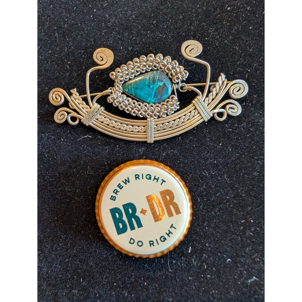 Vintage Turquoise Sterling Silver 925 Wire Wrap Handmade Brooch Pin