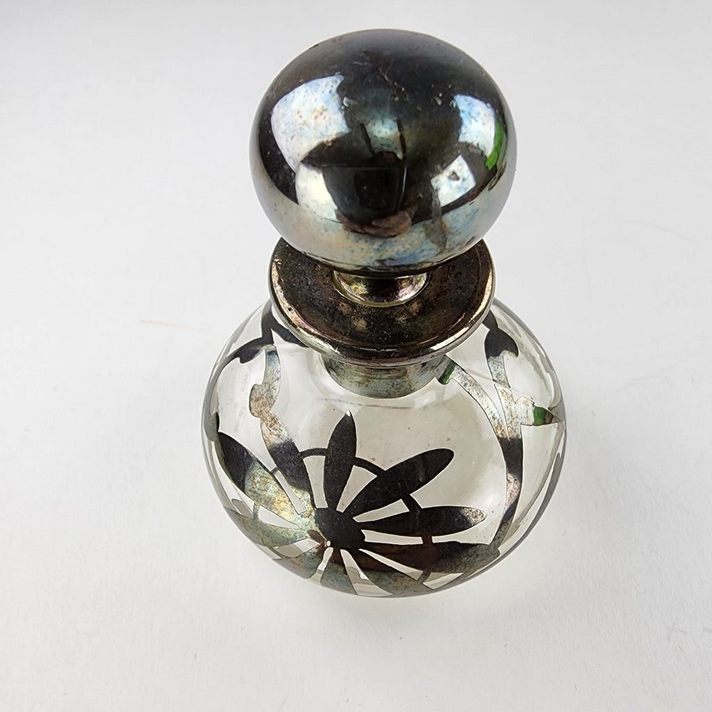 Art Nouveau Sterling Silver Overlay Glass Perfume Bottle with Stopper