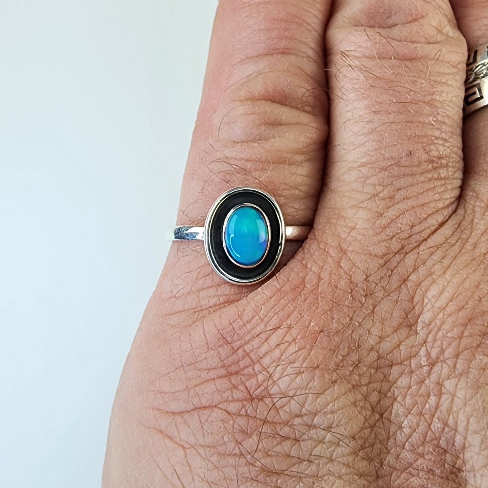 Blue Green Balloon Opal Shadowbox Sterling Silver 925 Ring Size 9 1/2
