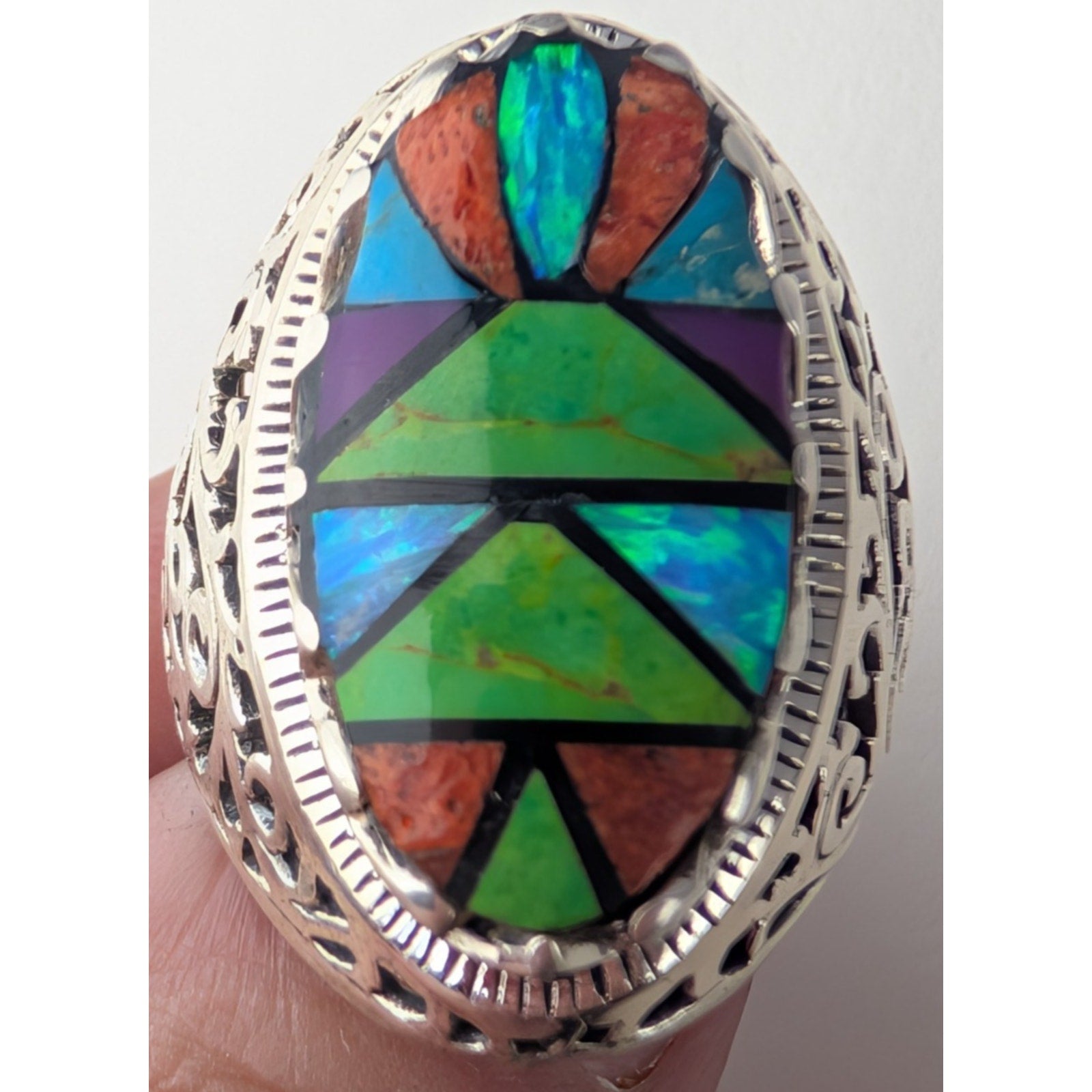 Multistone Turquoise Inlay Sterling Silver 925 Ring Size 9