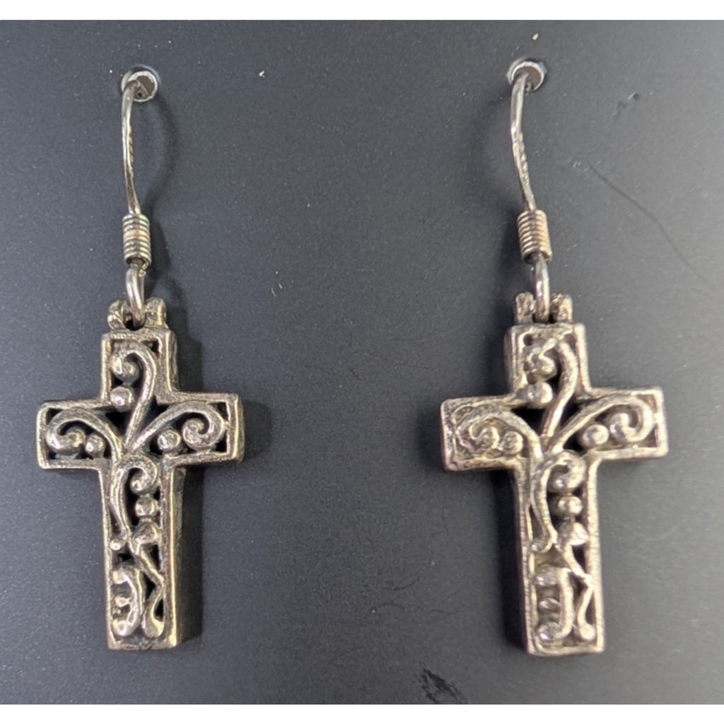 Scrollwork Cross Sterling Silver 925 Fish Hook Dangle Earrings Vintage