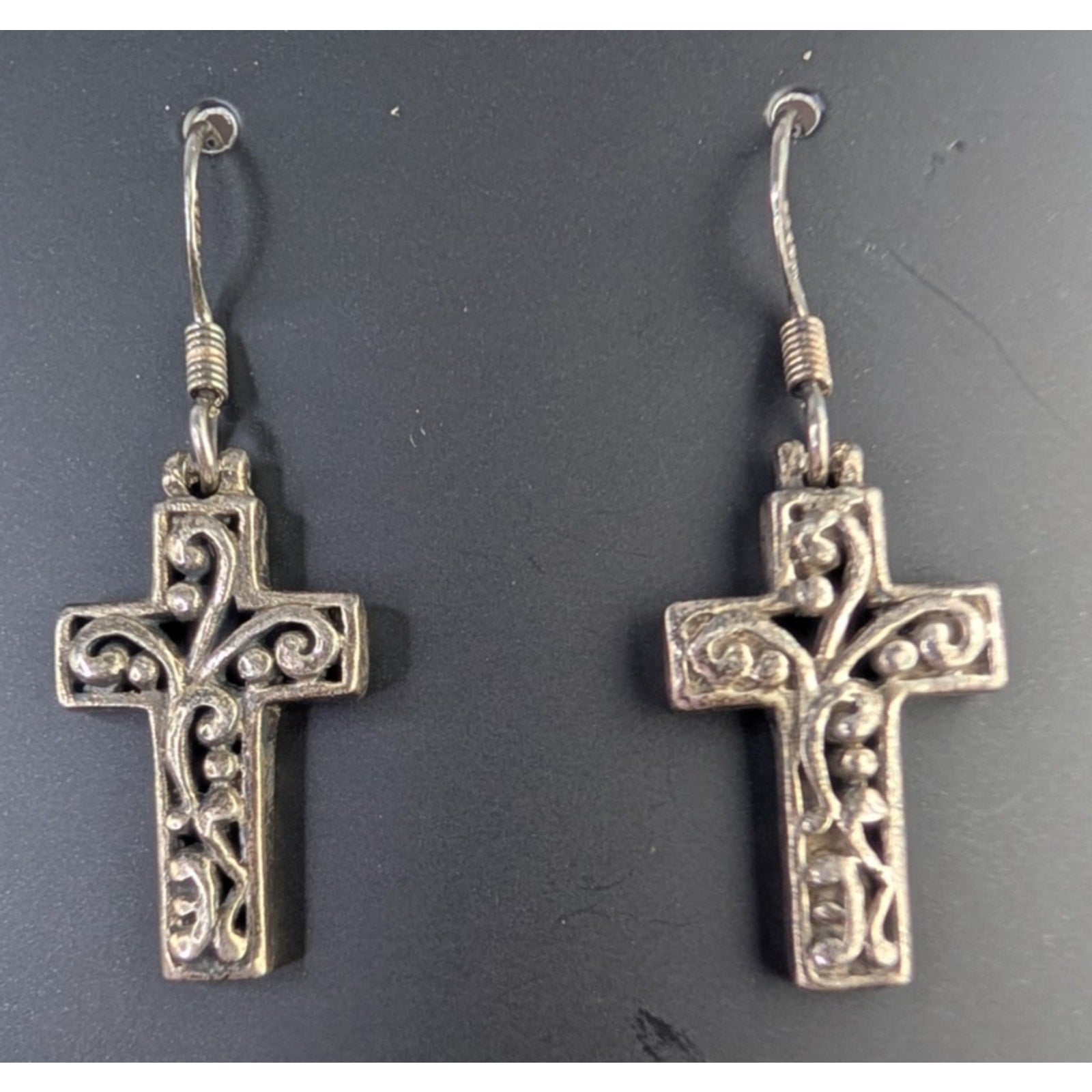 Scrollwork Cross Sterling Silver 925 Fish Hook Dangle Earrings Vintage