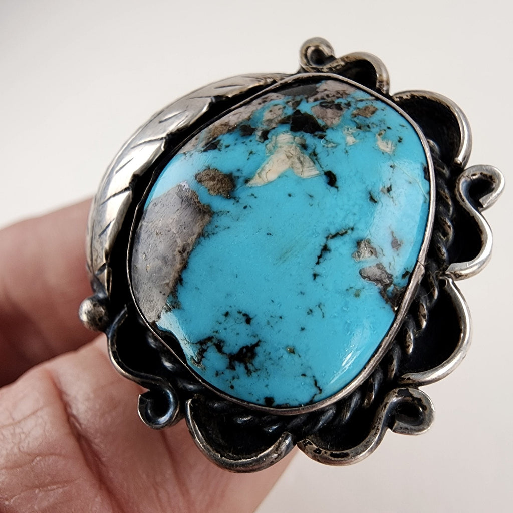 Old Pawn Turquoise Statement Ring Size 8 1/2 Sterling Silver 925 Vintage