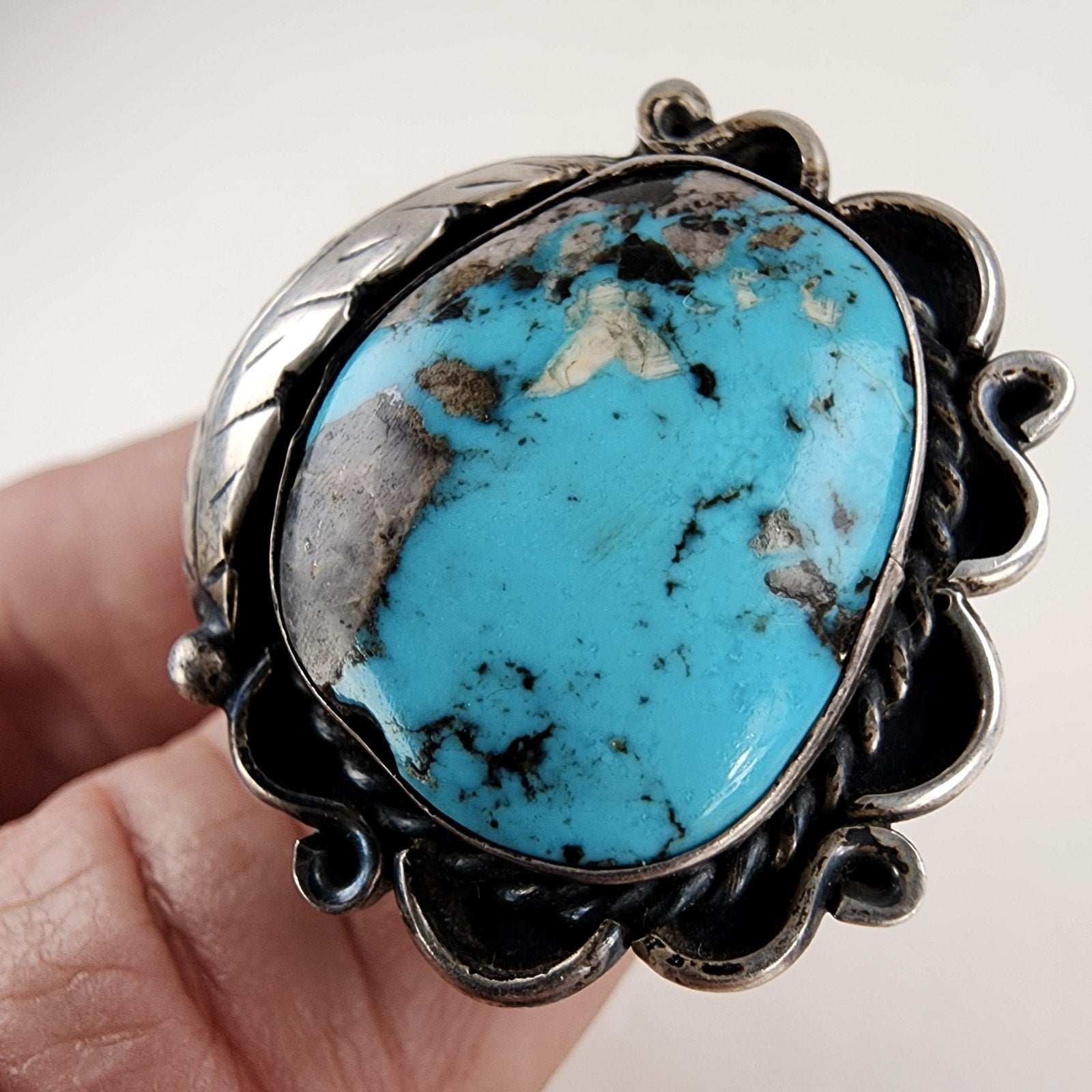 Old Pawn Turquoise Statement Ring Size 8 1/2 Sterling Silver 925 Vintage