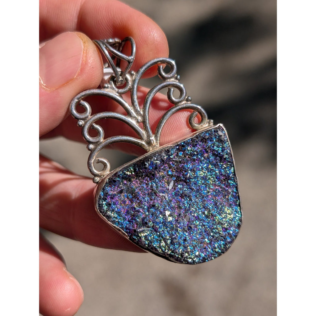 Peacock Druzy Pendant Sterling Silver 925 Rainbow Oil Slick Color