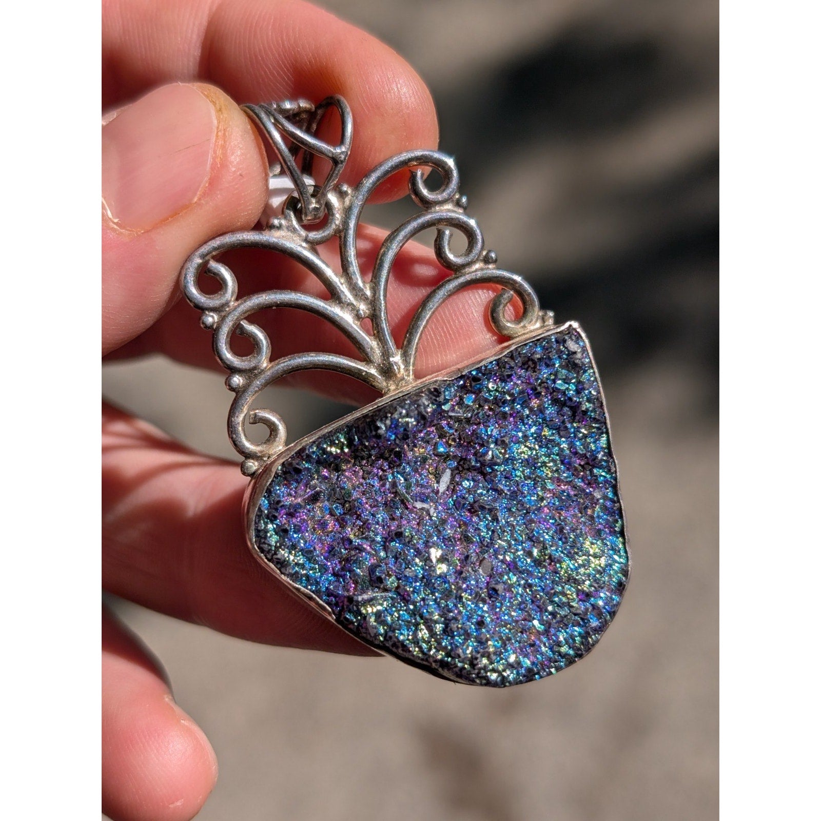 Peacock Druzy Pendant Sterling Silver 925 Rainbow Oil Slick Color