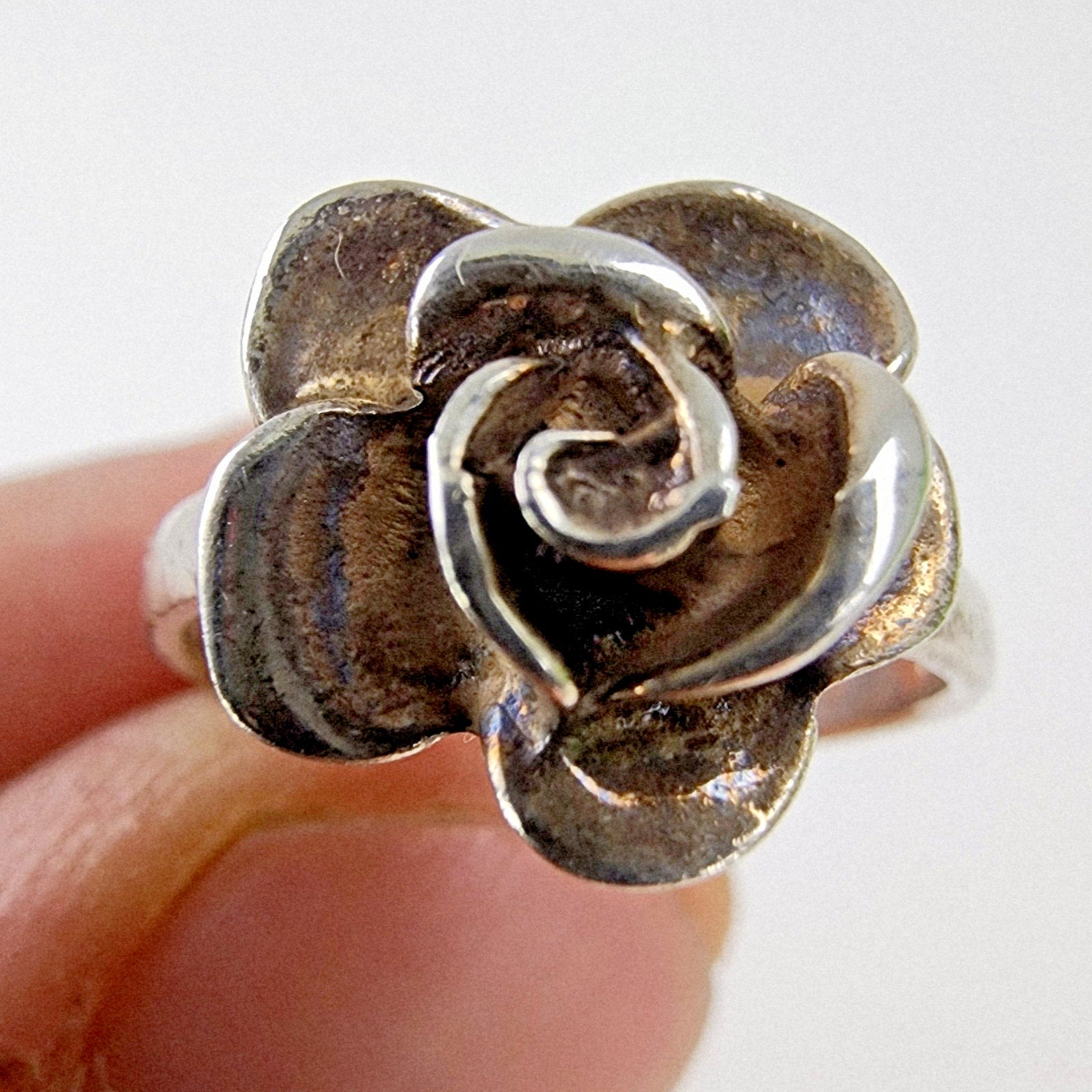 3D Rose Flower Ring Size 7 1/4 Sterling Silver 925 Vintage Band