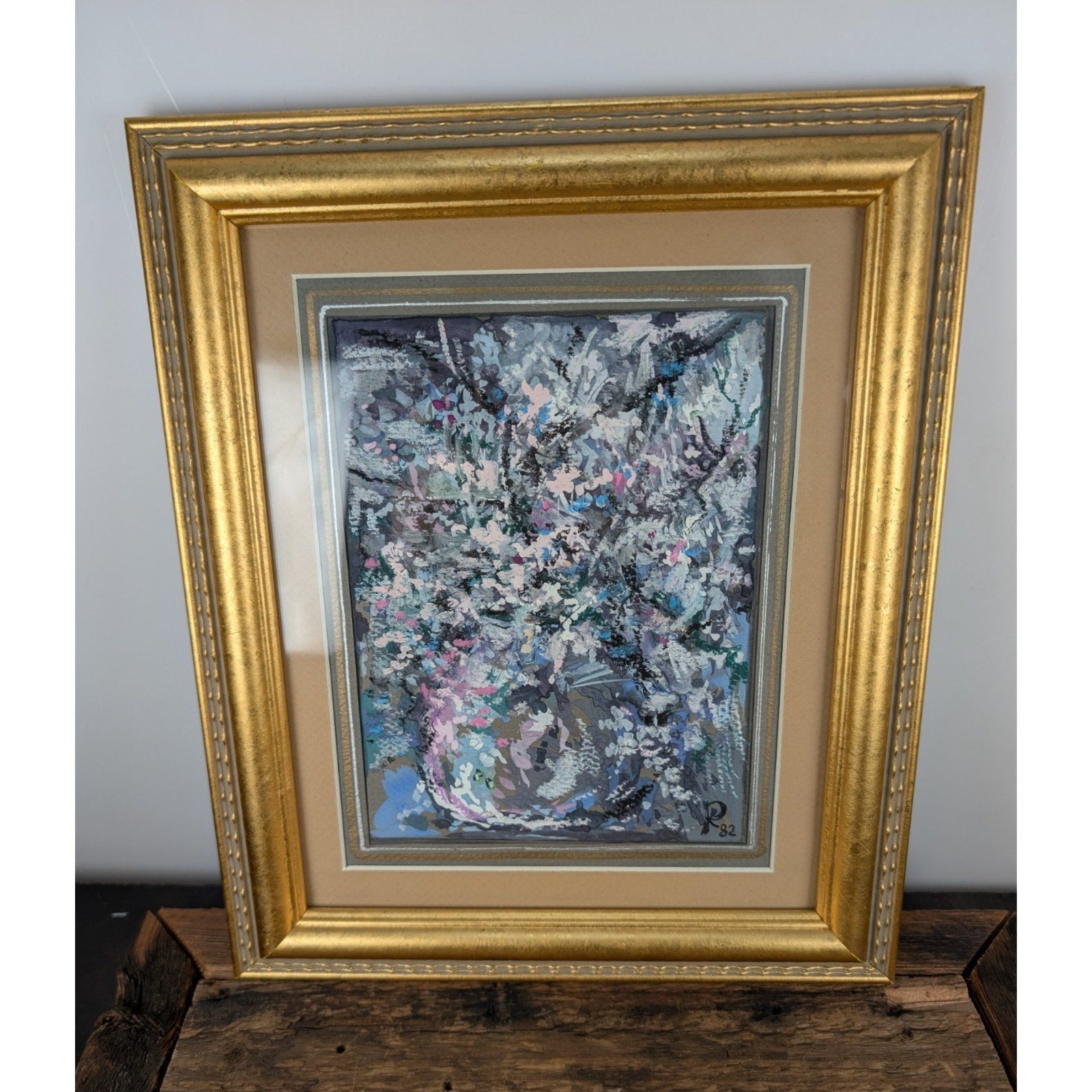 Impressionist Abstract Acrylic on Paper Flower Signed in Gilded Frame 1982