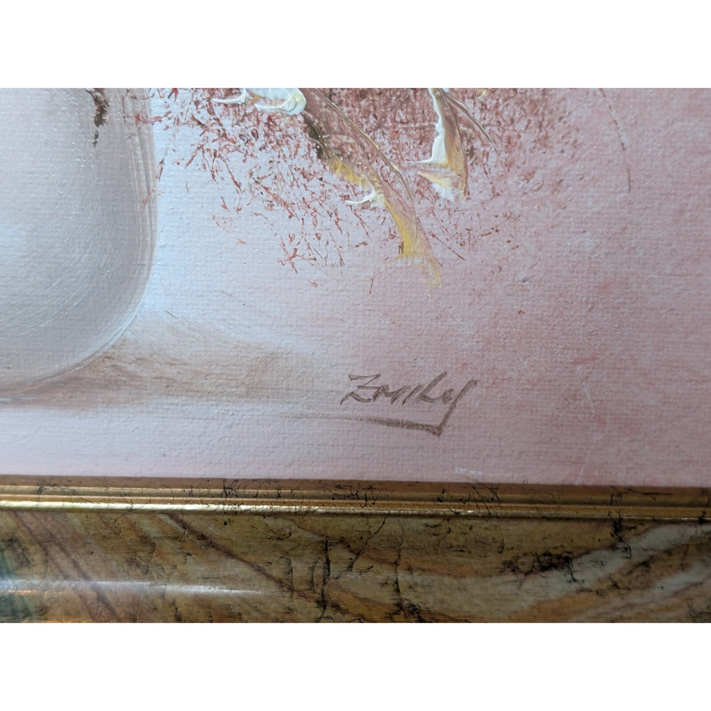 Pink Flowers Still Life Oil Painting Signed Emily Mid Century MCM
