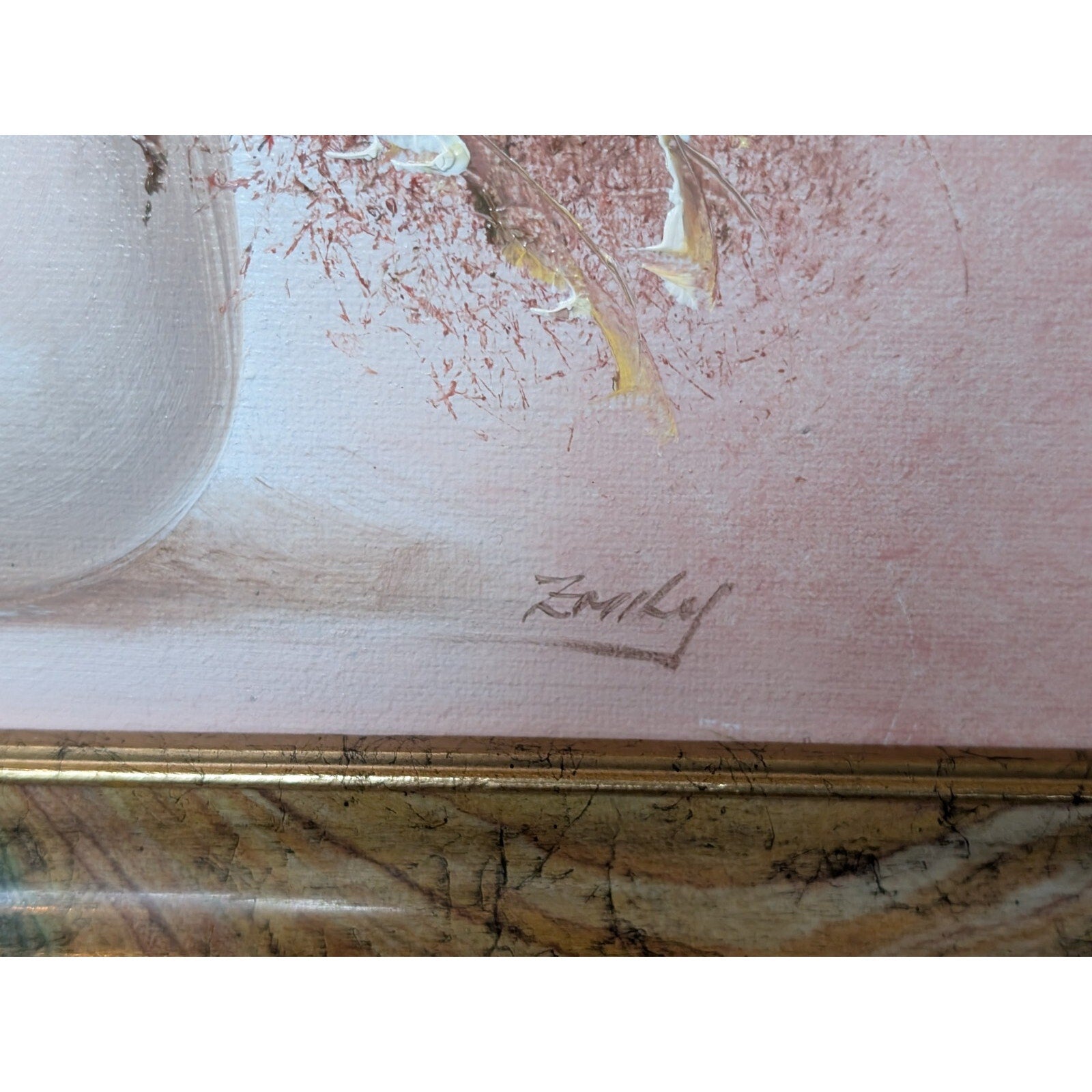 Pink Flowers Still Life Oil Painting Signed Emily Mid Century MCM