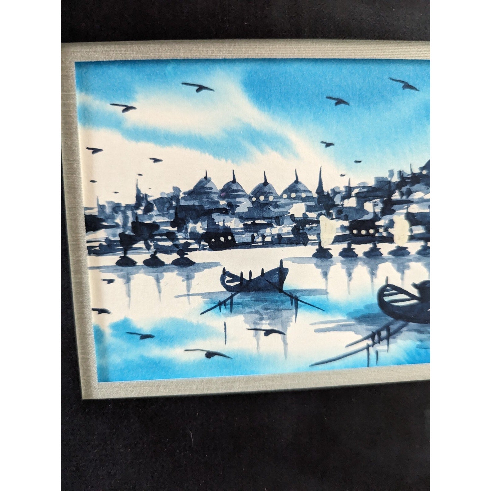 Tonalist Watercolor Cityscape with Boats Signed Ruhan MCM 10" x 24"
