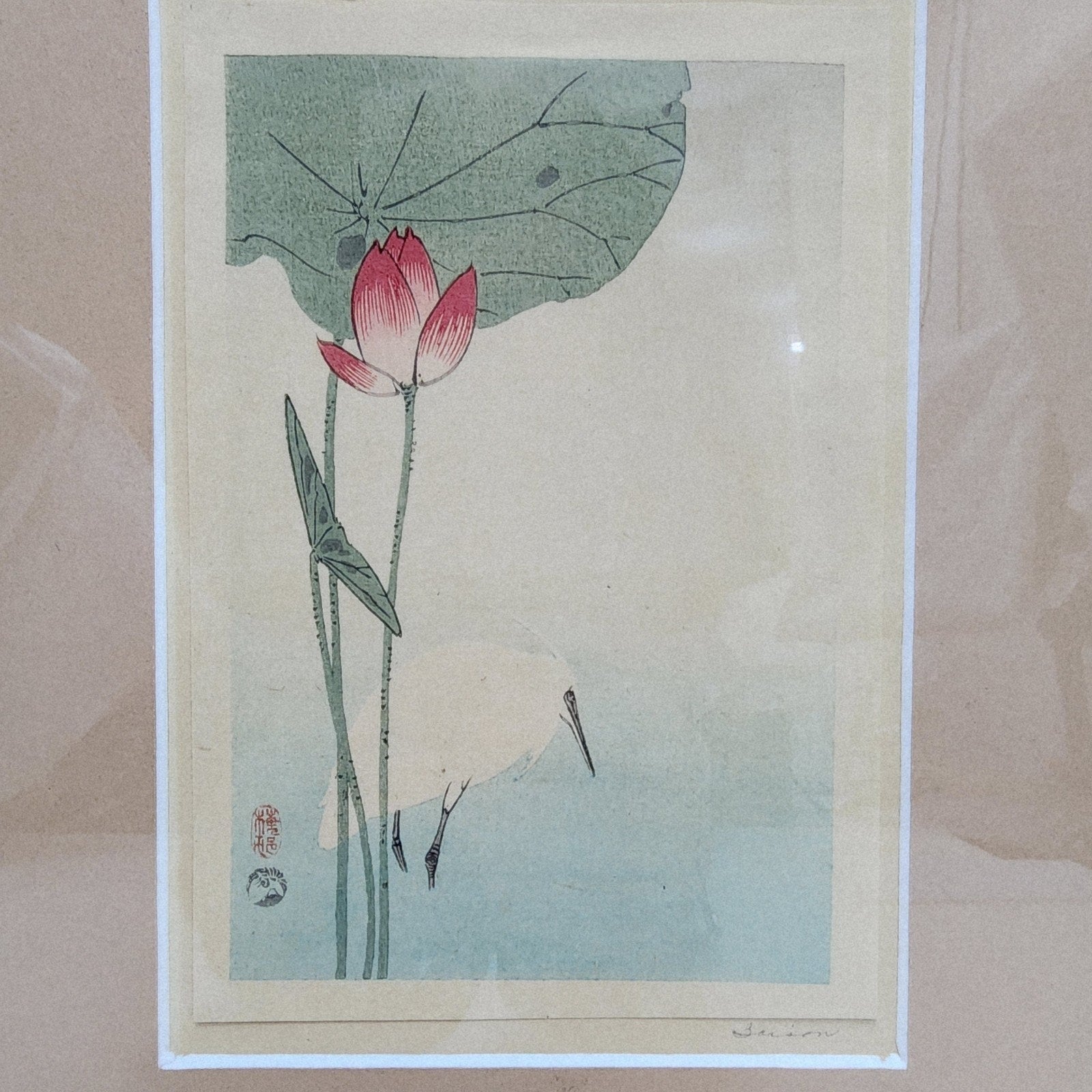 White Heron and Lotus by Okada Baison Signed Japanese Woodblock Print Meiji Era