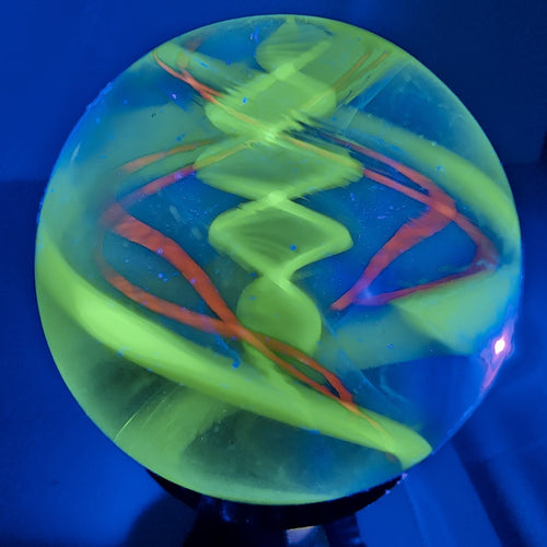 43mm UV Green Double Twist Spiral Borosilicate Marble Signed Eddie Seese 2015