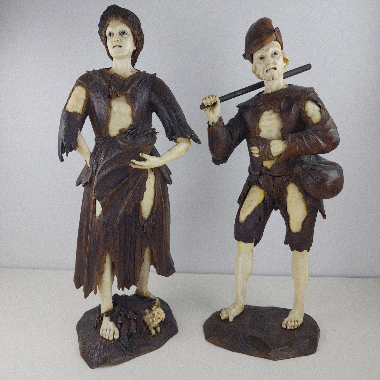18th C Carved Wood Beggar Couple by Simon Troger or Follower Museum Quality